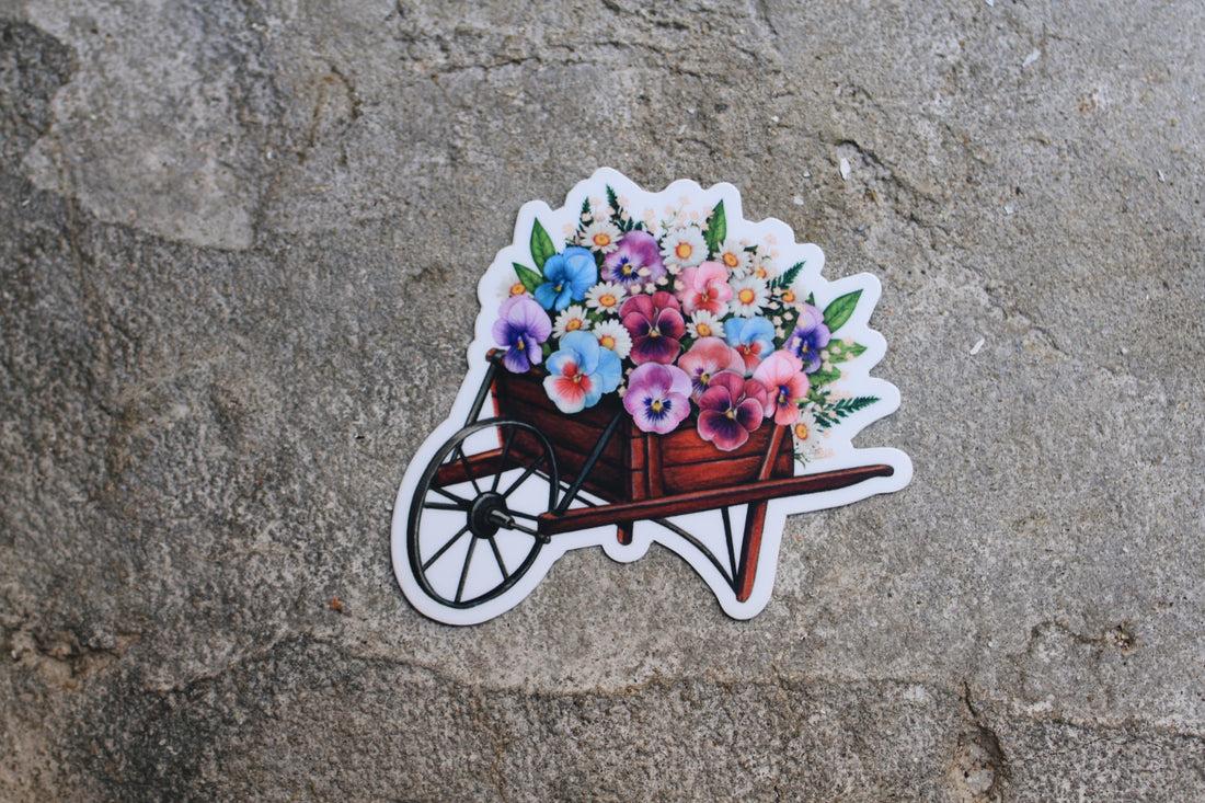 Wheel Barrel O’Flowers Stamp 3” Sticker